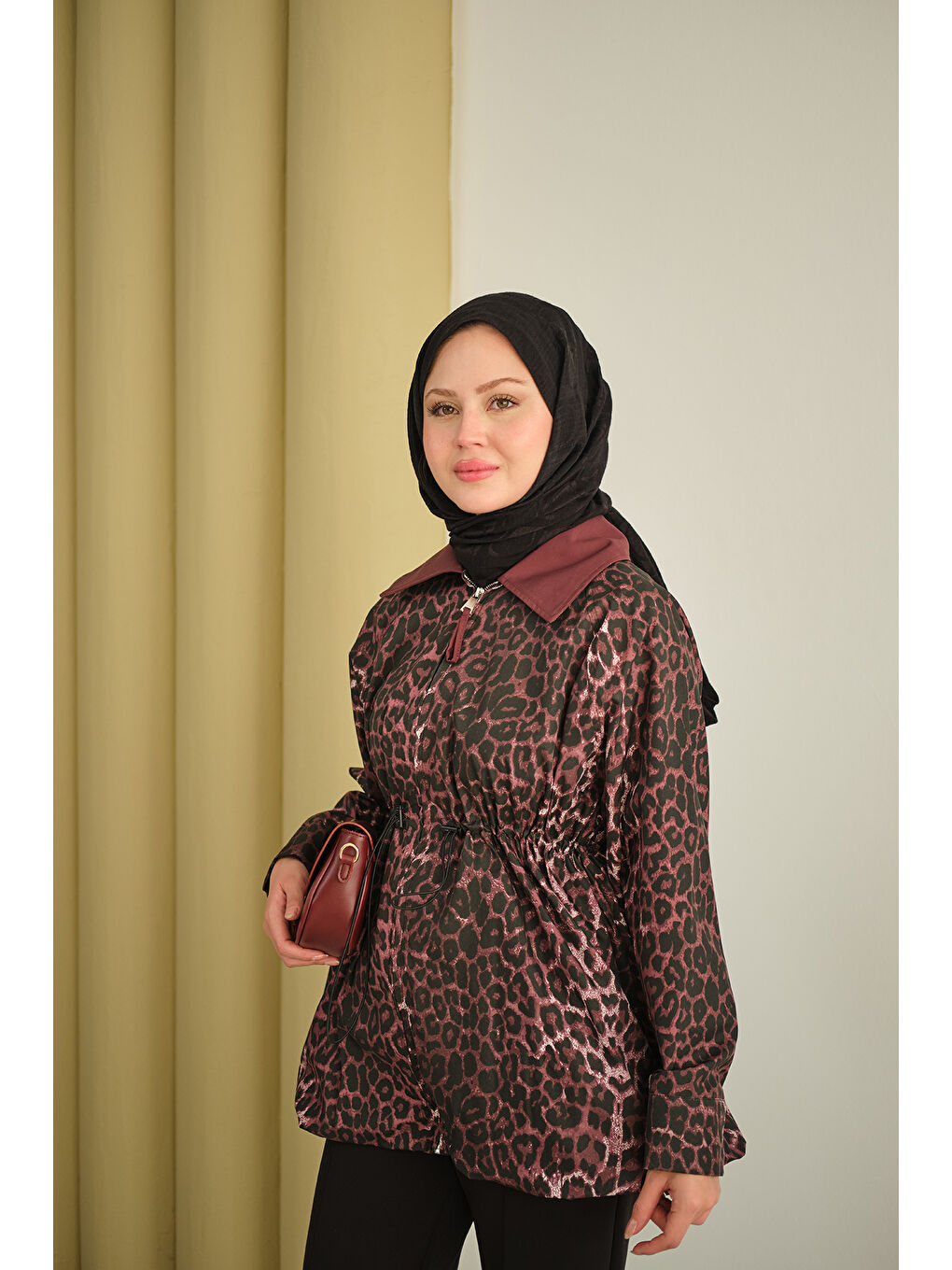 Kadın Leopar Desenli Fermualı Trenç Bordo-3