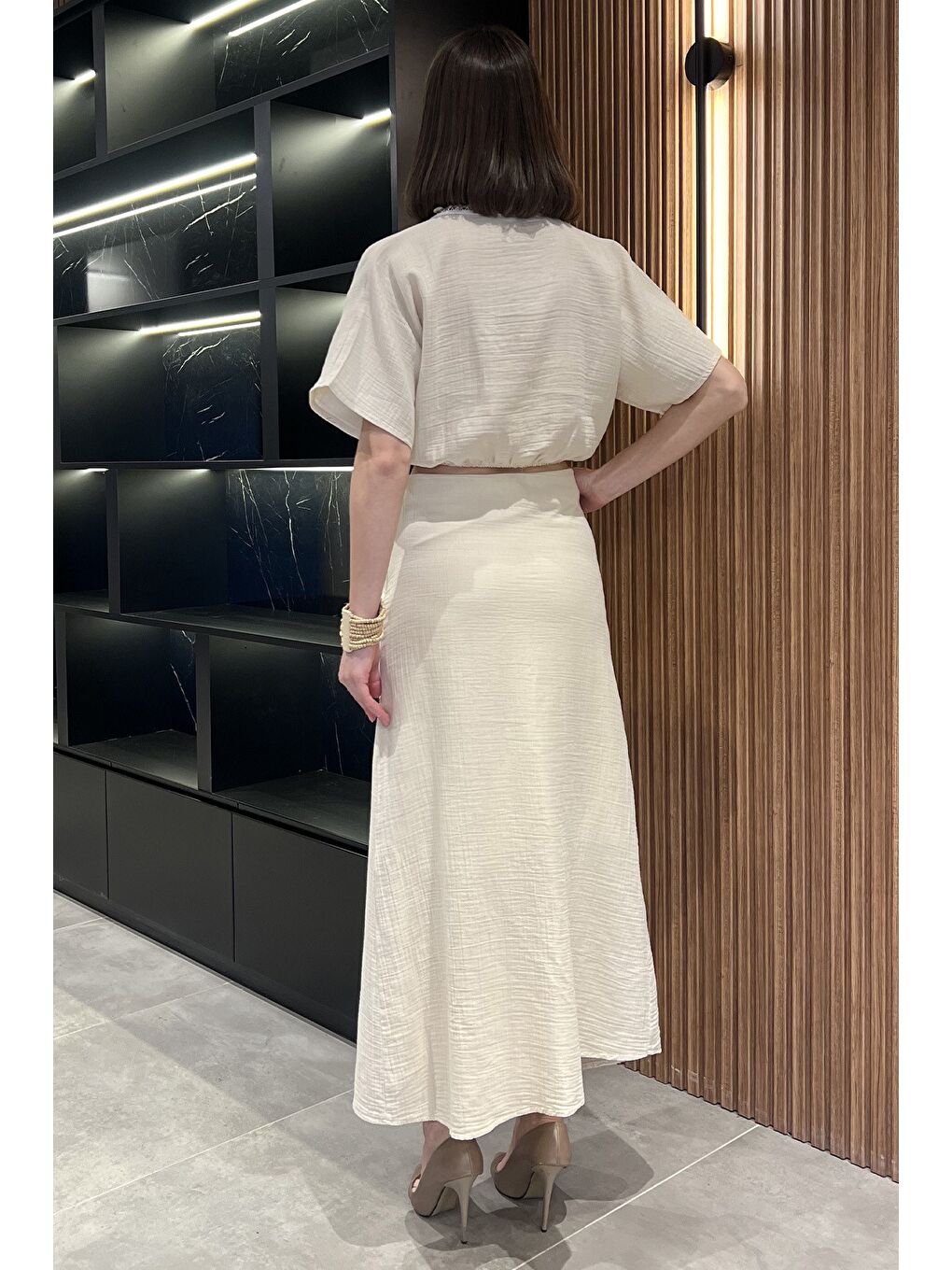 Bej Kadın Nakışlı Taşlı Keten Bluz Etek İkili Takım-3