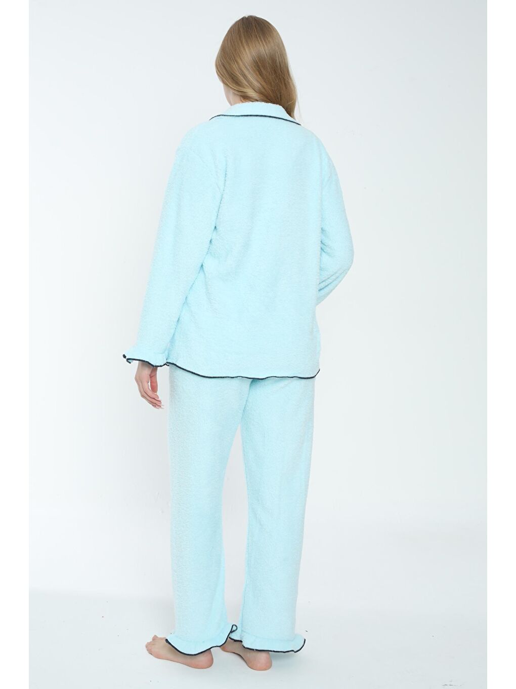 Mavi Önden Düğmeli Hamile ve Lohusa Pelüş Pijama Takımı-1