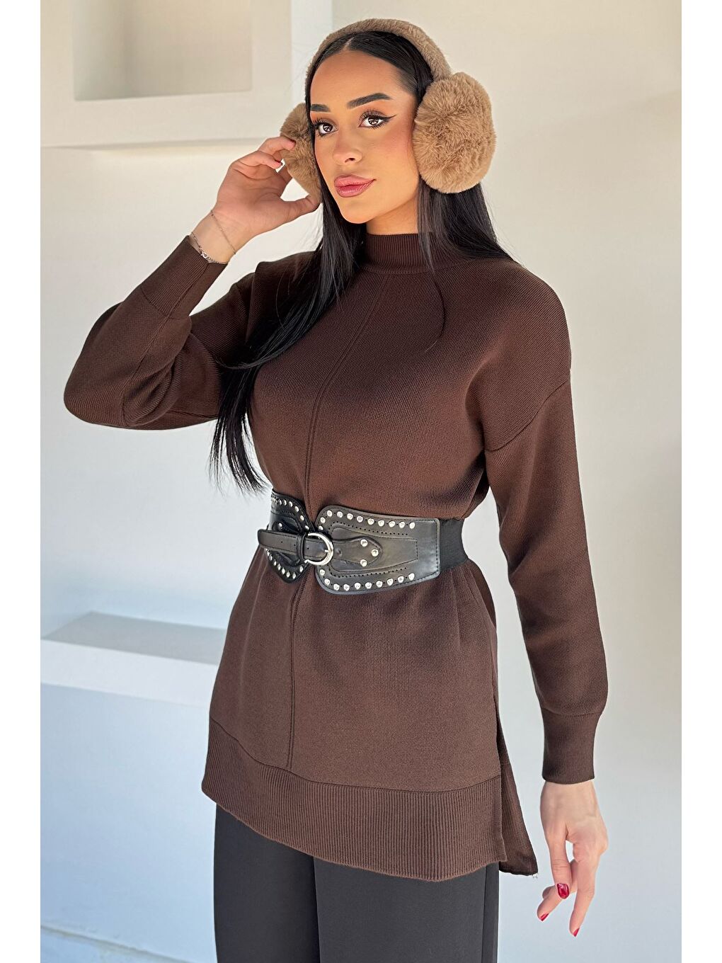 Kahverengi Yan Yırtmaçlı Triko Tunik-1