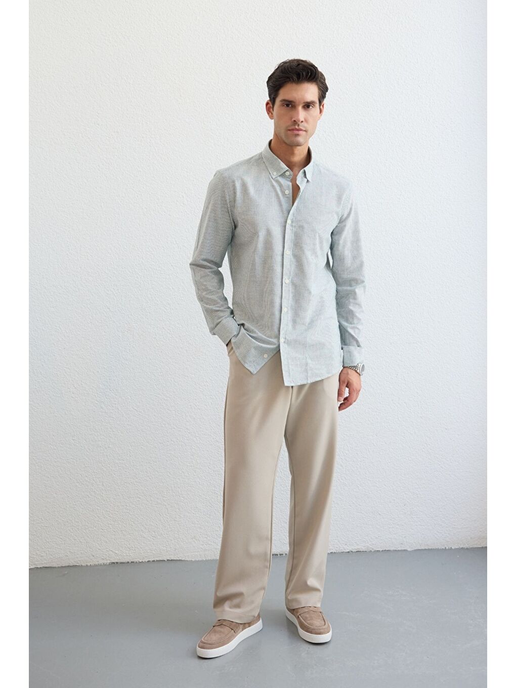 Yeşil Misato Erkek Gömlek Modern Slim Fit Keten Görünümlü İnce Çizgili Hafif Kumaş-3