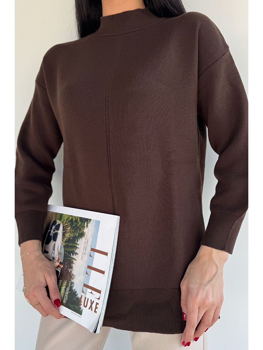 Kahverengi Yan Yırtmaçlı Triko Tunik-3