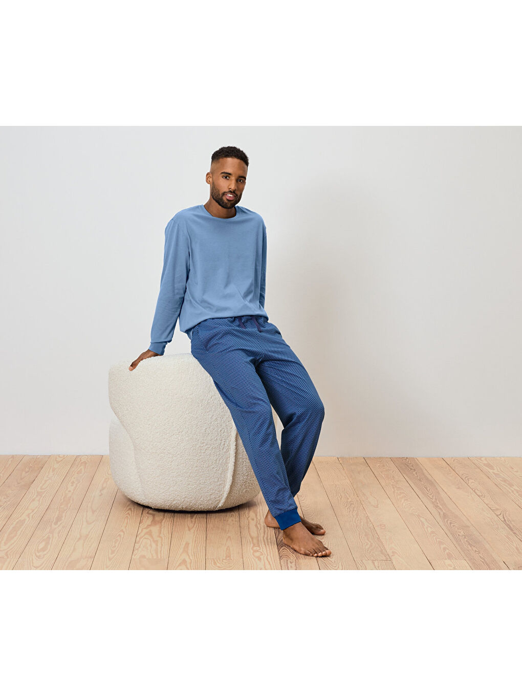 Erkek Pijama Takımı, Mavi/Tam. Baskılı