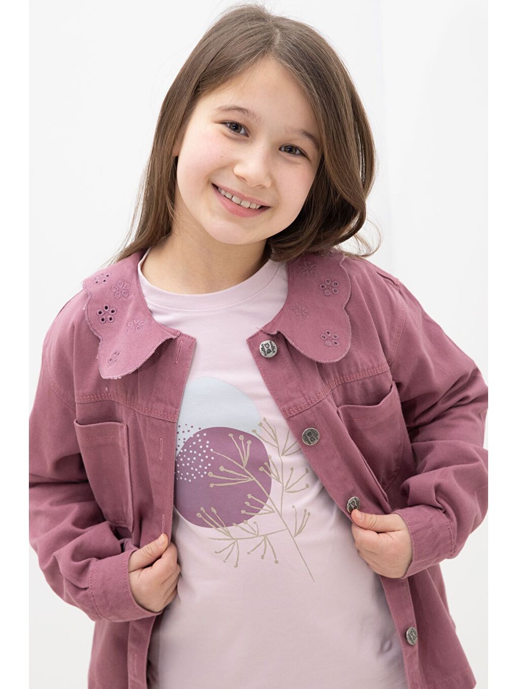 Pembe Gül Kurusu Çiçek Yaka Detaylı Ceketli Kız Çocuk Pantolonlu 3lü Takım 23633-2