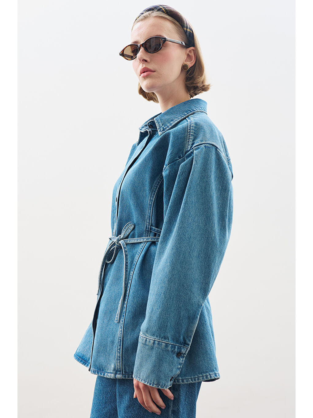 Bağlama Detaylı Denim Gömlek Mavi