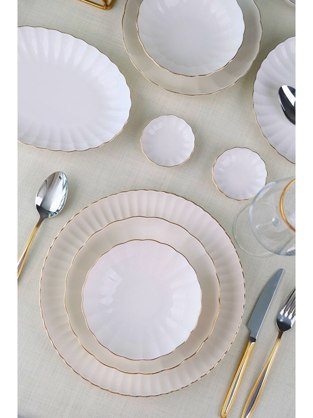 Ekru Kütahya Porselen Bone Luz Form Yemek Takımı Altın 32 Parça 6 Kişilik-4