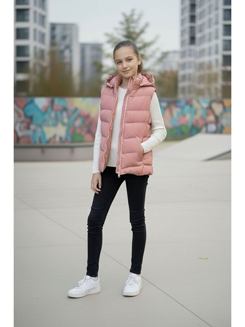 Pembe Kız Çocuk Kapüşonlu Şişme Yelek-1