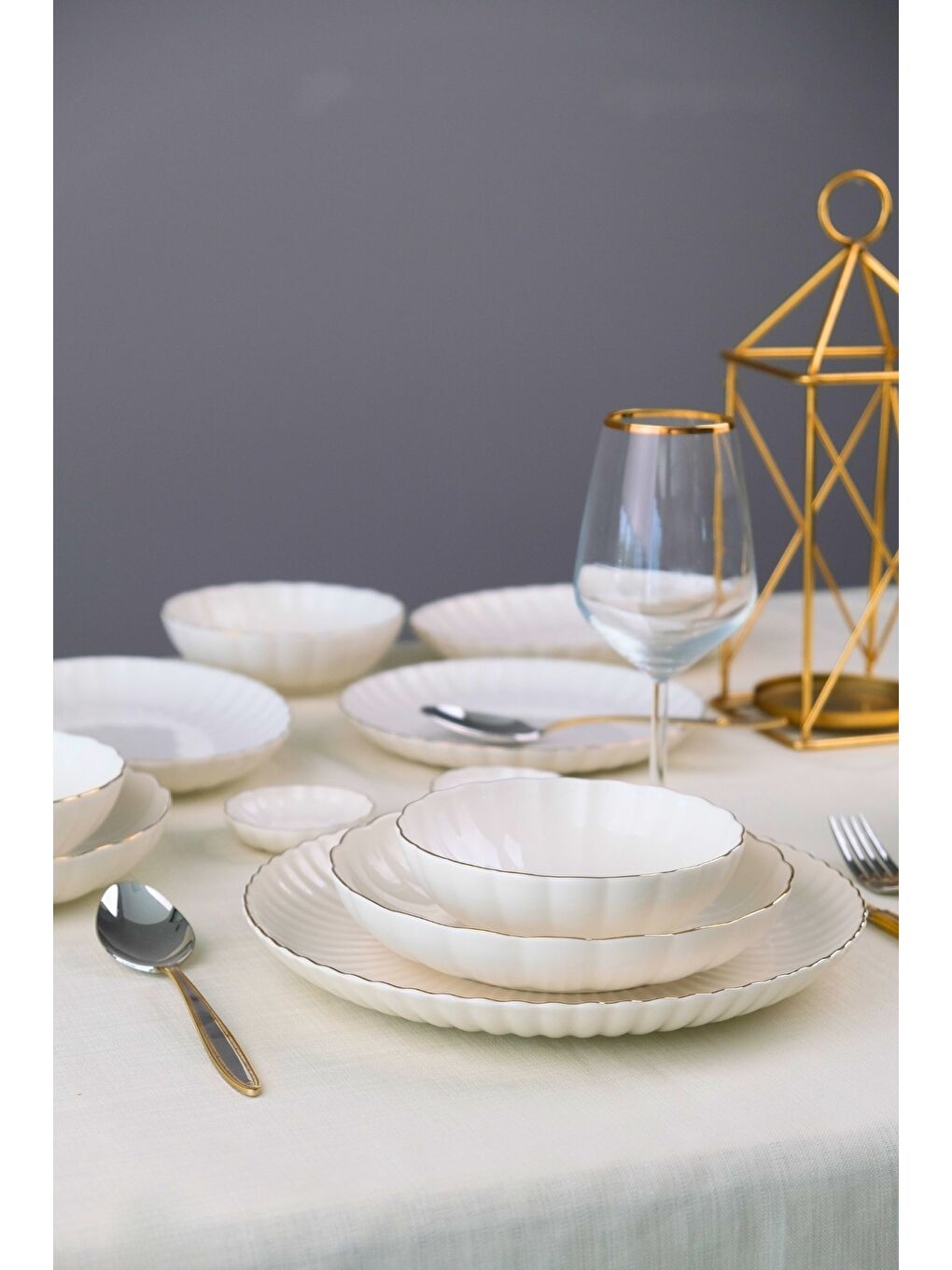 Ekru Kütahya Porselen Bone Luz Form Yemek Takımı Altın 32 Parça 6 Kişilik-7