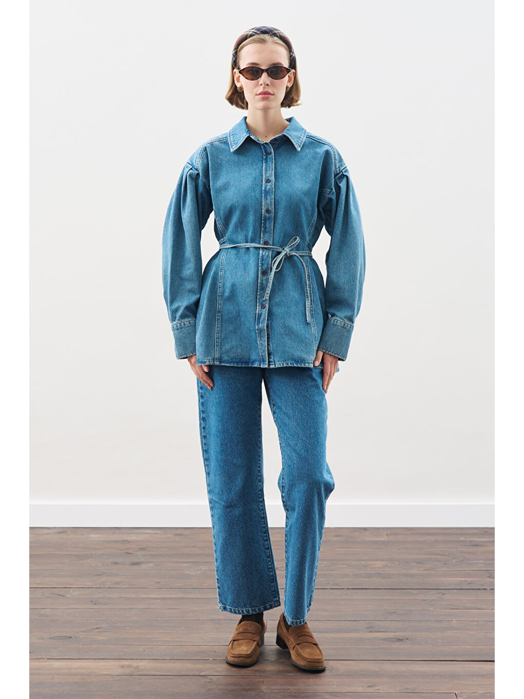 Bağlama Detaylı Denim Gömlek Mavi-2