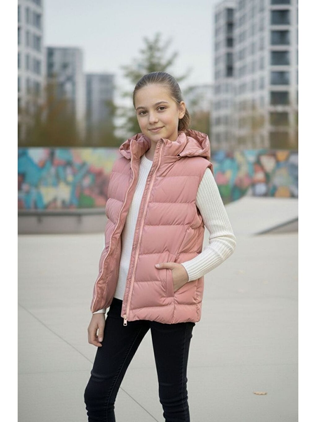 Pembe Kız Çocuk Kapüşonlu Şişme Yelek-2