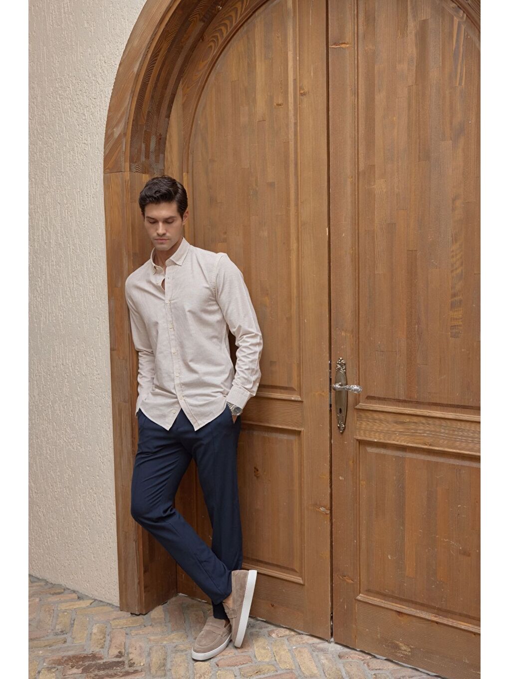 Bej Kure Erkek Gömlek Modern Slim Fit Keten Görünümlü İnce ve Çizgili Doku-2