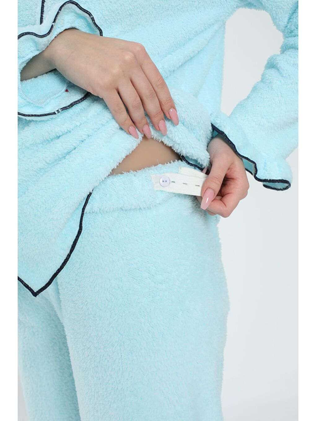 Mavi Önden Düğmeli Hamile ve Lohusa Pelüş Pijama Takımı-4