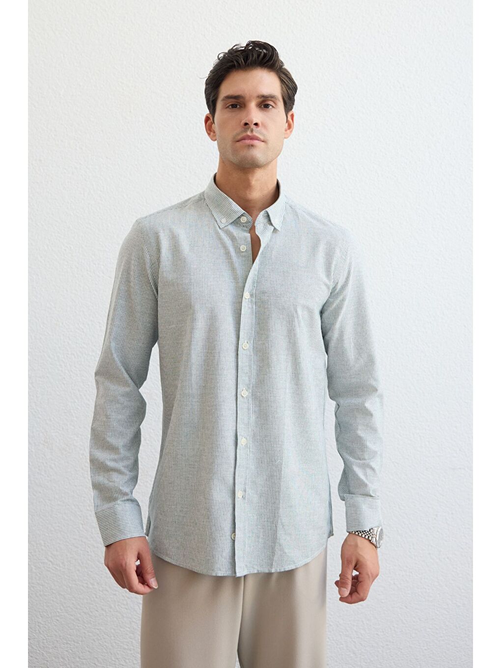 Yeşil Misato Erkek Gömlek Modern Slim Fit Keten Görünümlü İnce Çizgili Hafif Kumaş-5