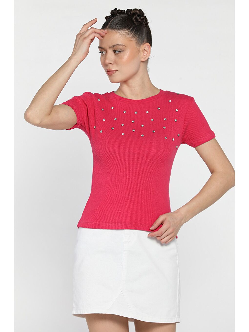 Fuşya Taşlı Kadın Kaşkorse Bluz-1