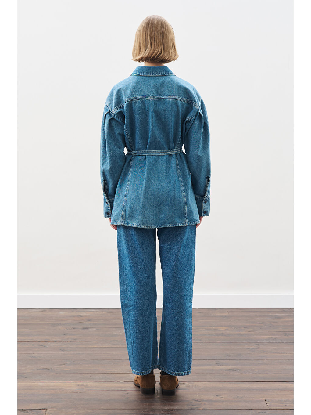 Bağlama Detaylı Denim Gömlek Mavi-4