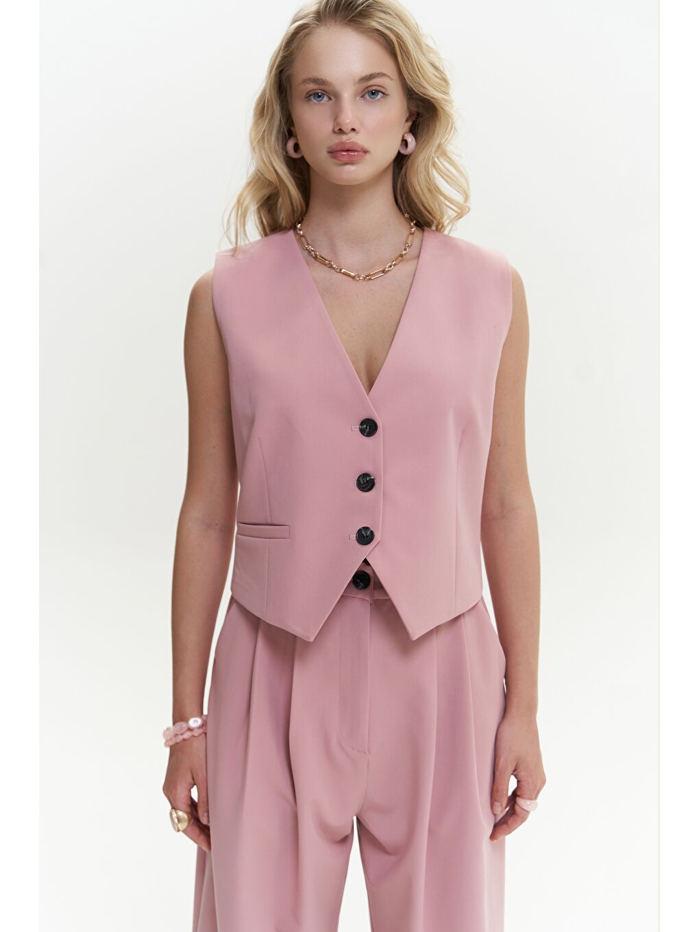 Mai Collection Kaylee Pembe Üçgen Detay Kısa Yelek - 1