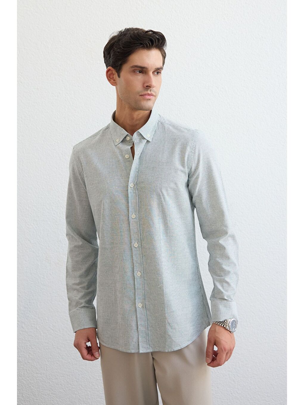 Yeşil Misato Erkek Gömlek Modern Slim Fit Keten Görünümlü İnce Çizgili Hafif Kumaş-6