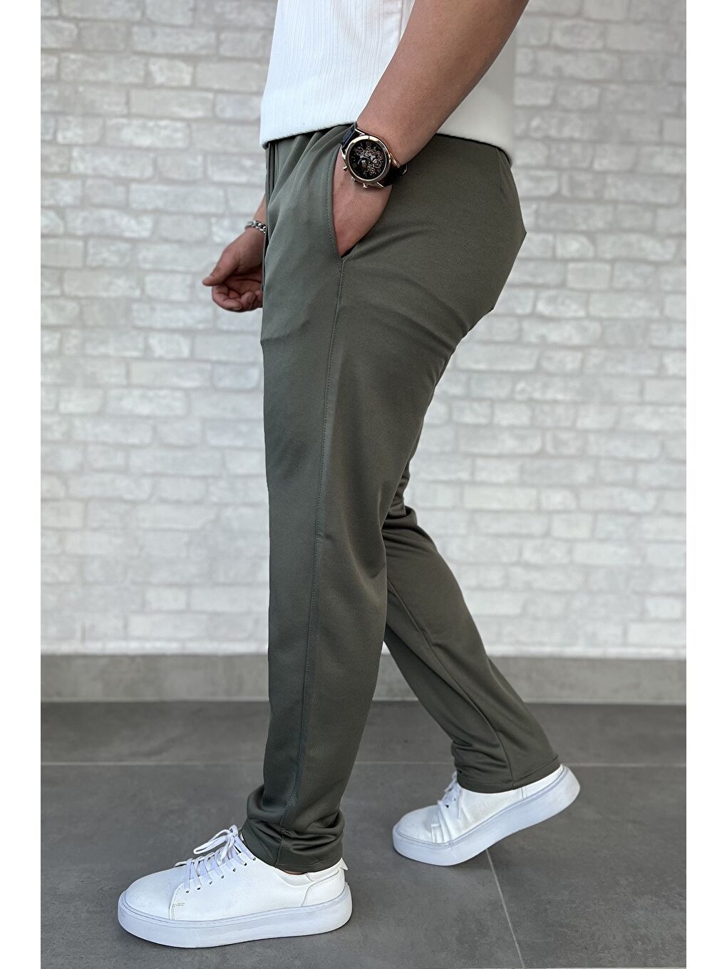 Haki Erkek Bel Bağlama Detaylı Pantolon-1