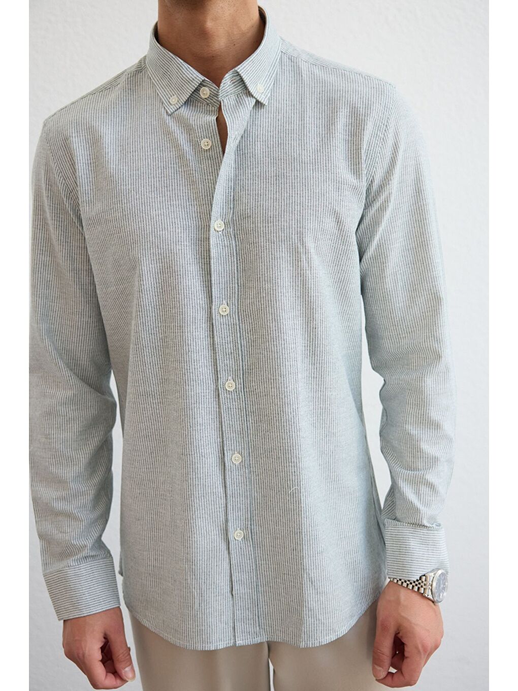 Yeşil Misato Erkek Gömlek Modern Slim Fit Keten Görünümlü İnce Çizgili Hafif Kumaş-7