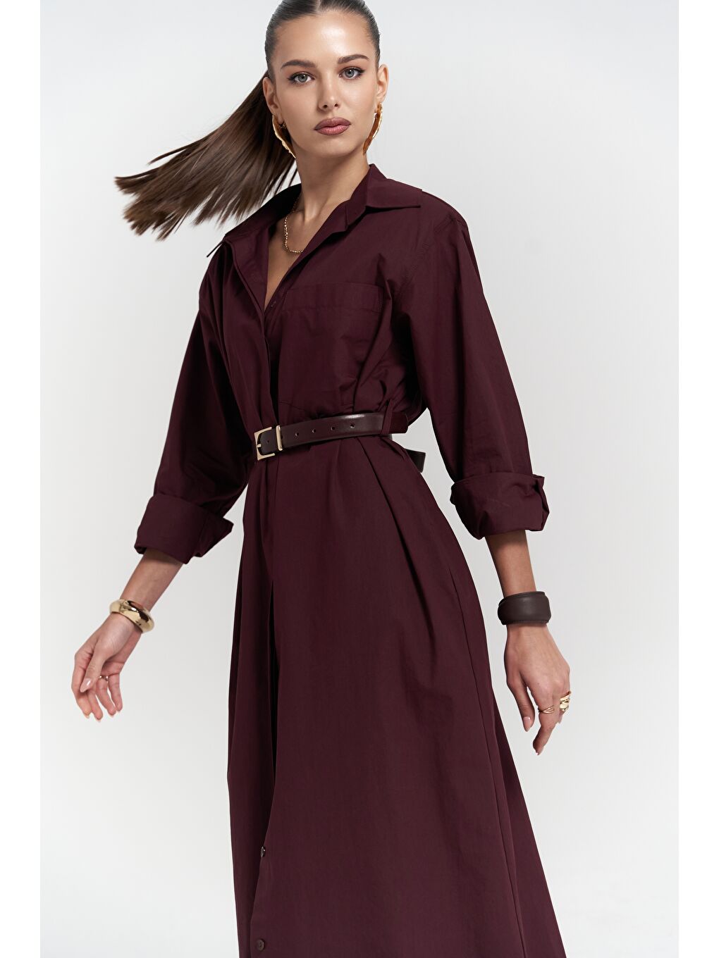 Belsay Trençkot Bordo Elbise-4