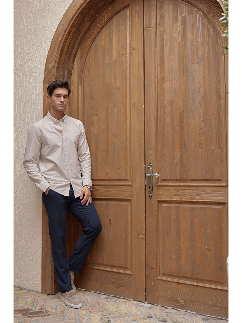 Bej Kure Erkek Gömlek Modern Slim Fit Keten Görünümlü İnce ve Çizgili Doku-4