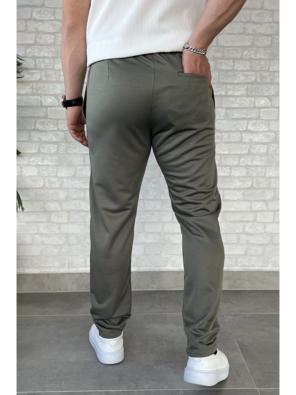 Haki Erkek Bel Bağlama Detaylı Pantolon-2