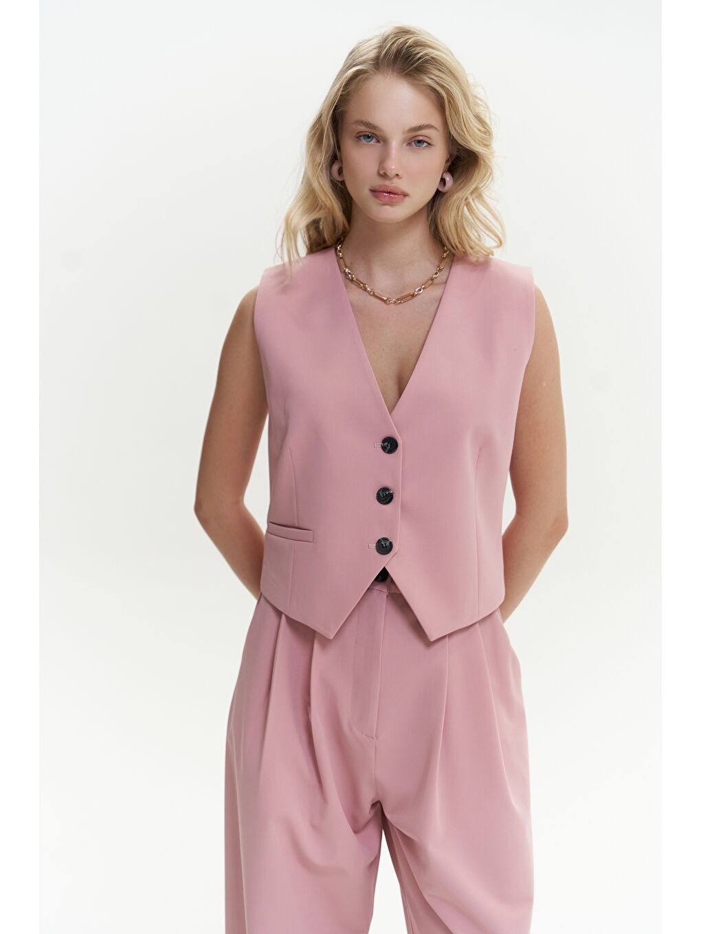 Mai Collection Kaylee Pembe Üçgen Detay Kısa Yelek - 4