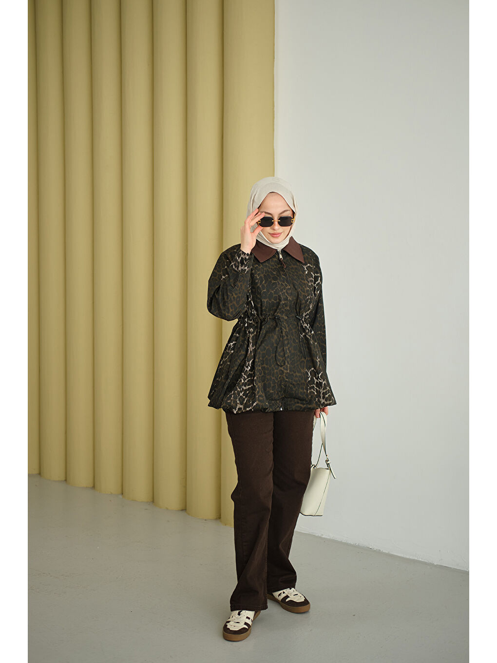 Kadın Leopar Desenli Fermualı Trenç Kahverengi-1