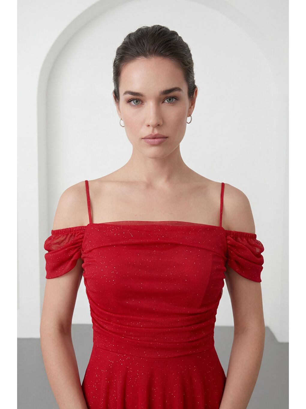 Kadın Kırmızı İnce Askılı Simli Midi Söz Nişan Nikah Abiye Elbise-2