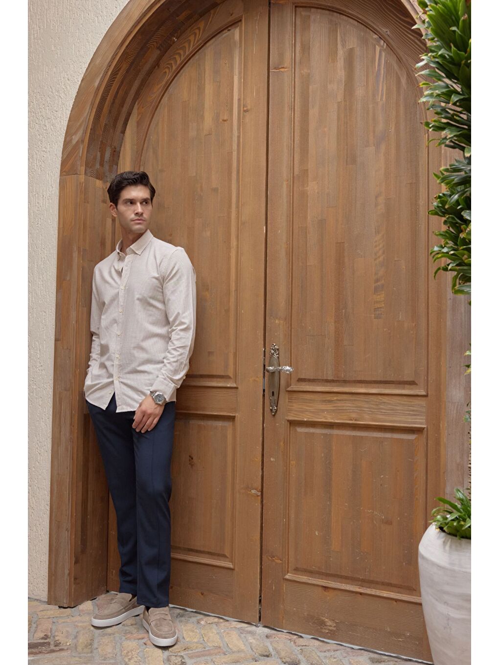 Bej Kure Erkek Gömlek Modern Slim Fit Keten Görünümlü İnce ve Çizgili Doku-5