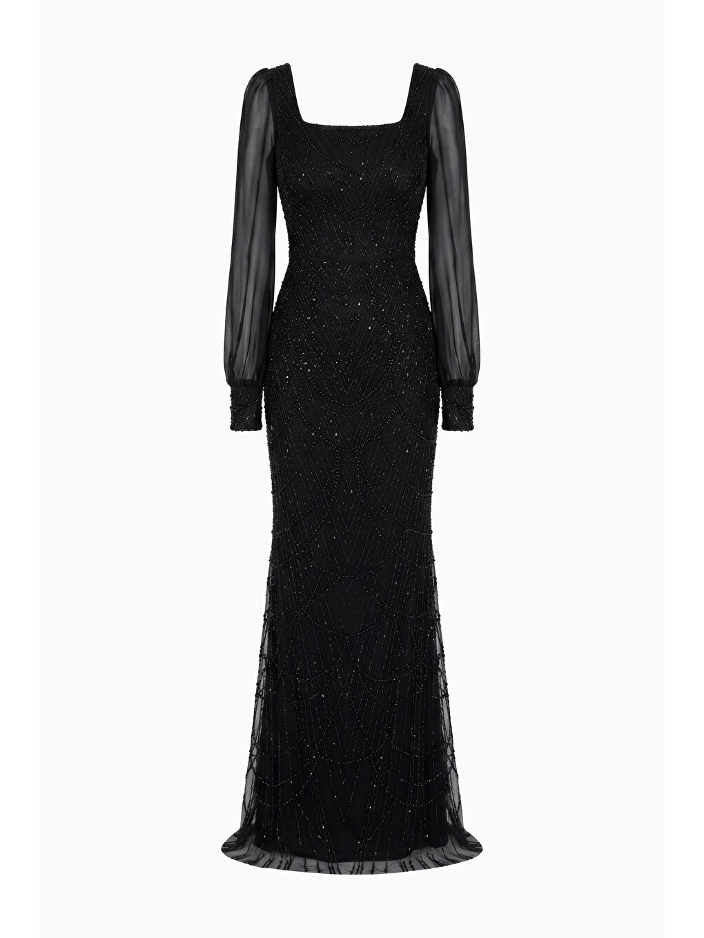 Kadın Siyah Kare Yaka Uzun Kollu Boncuklu Abiye Elbise-6