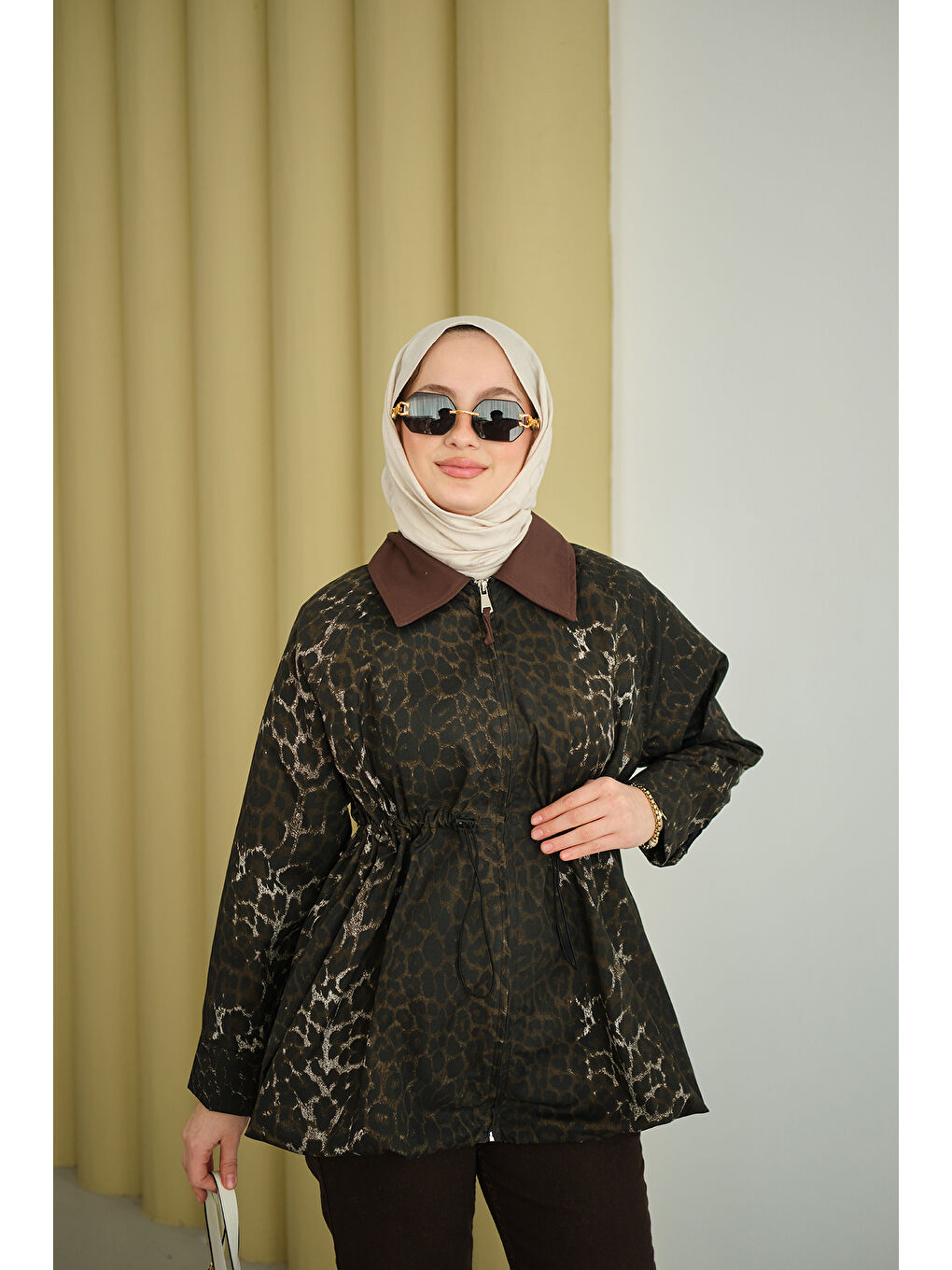 Kadın Leopar Desenli Fermualı Trenç Kahverengi-2