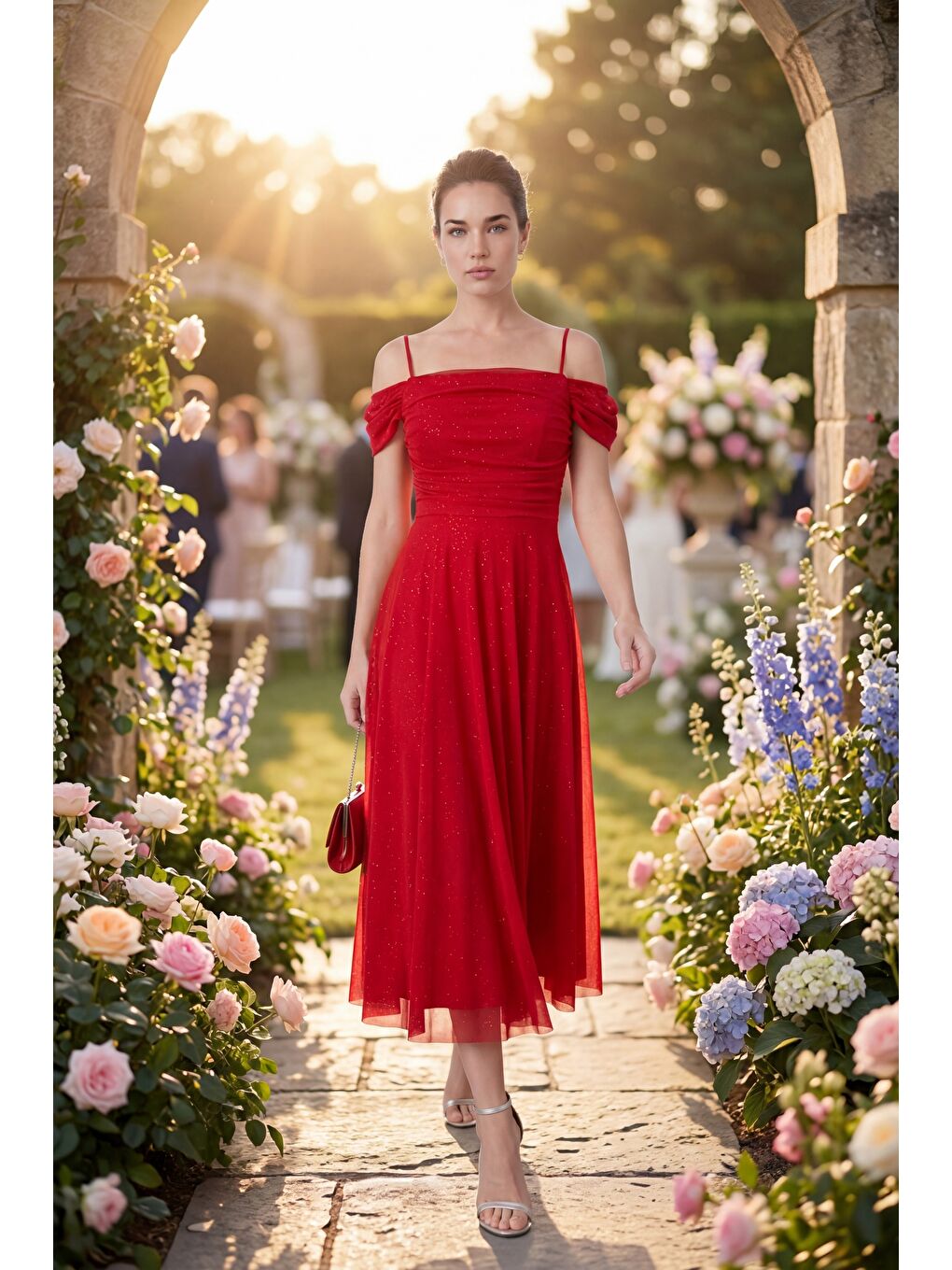 Kadın Kırmızı İnce Askılı Simli Midi Söz Nişan Nikah Abiye Elbise-4