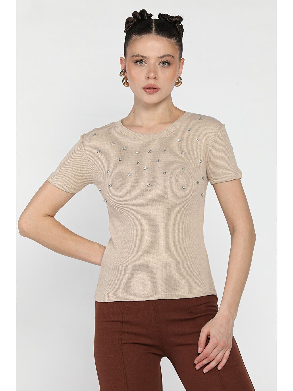 Bej Taşlı Kadın Kaşkorse Bluz