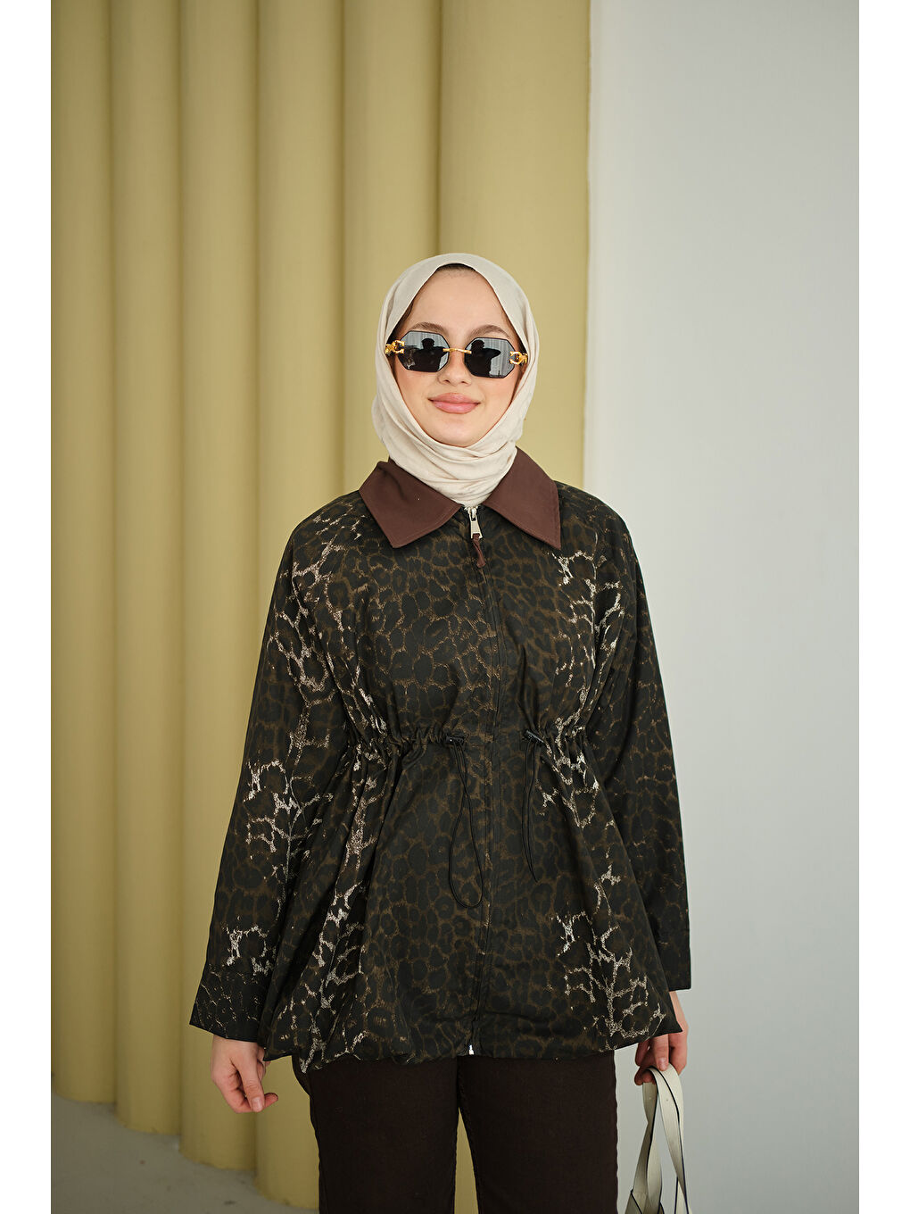 Kadın Leopar Desenli Fermualı Trenç Kahverengi-3