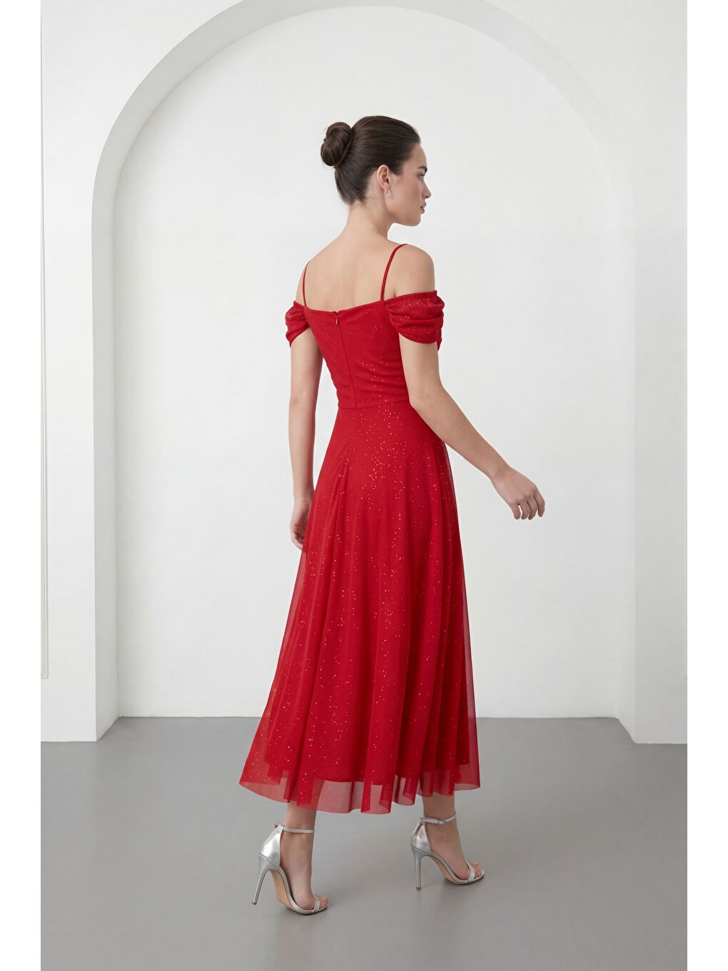Kadın Kırmızı İnce Askılı Simli Midi Söz Nişan Nikah Abiye Elbise-5