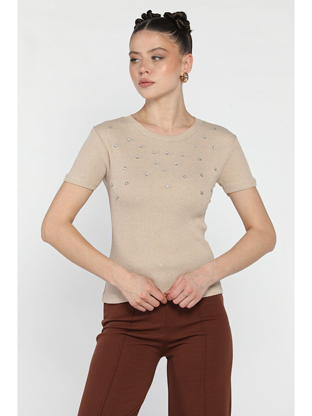 Bej Taşlı Kadın Kaşkorse Bluz-1