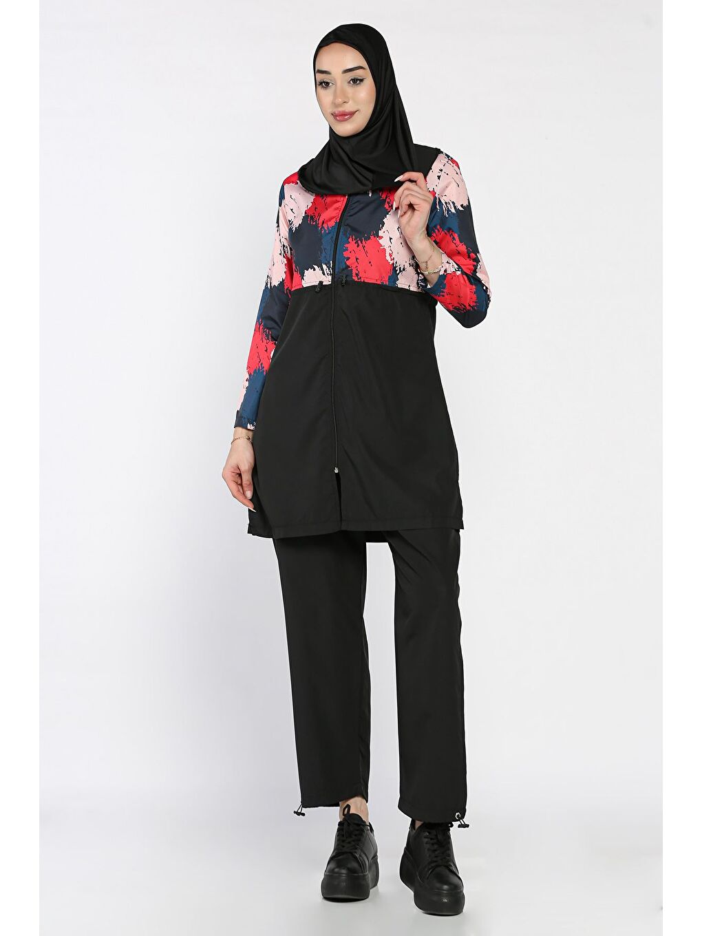 Siyah Kadın Tam Kapalı Paraşüt Kumaş Büstiyer Tunik Bone Pantolon 4'lü Tesettür Mayo-3