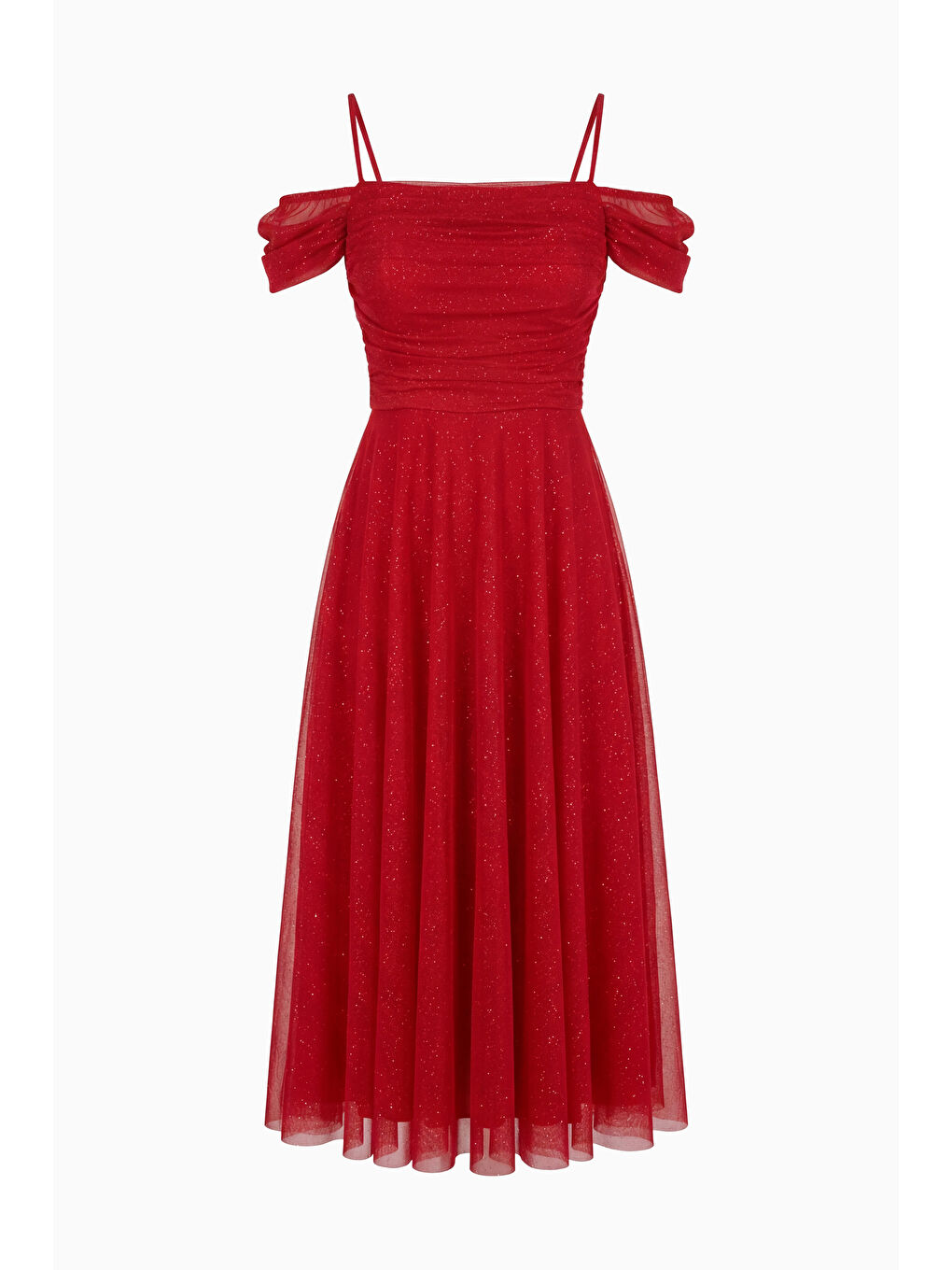 Kadın Kırmızı İnce Askılı Simli Midi Söz Nişan Nikah Abiye Elbise-6