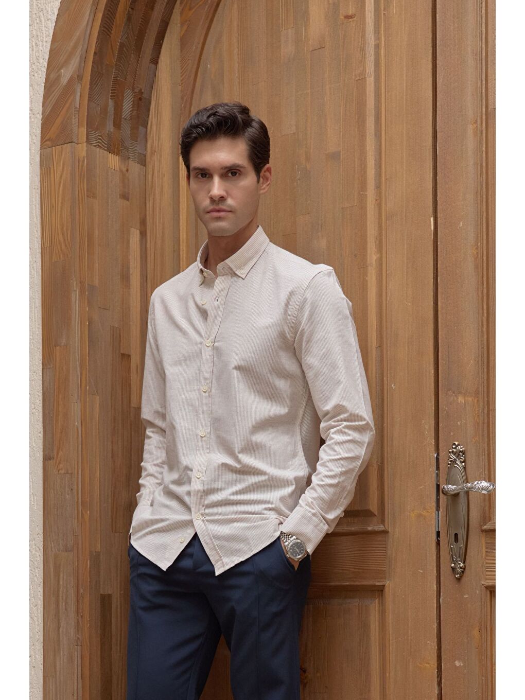 Bej Kure Erkek Gömlek Modern Slim Fit Keten Görünümlü İnce ve Çizgili Doku-6