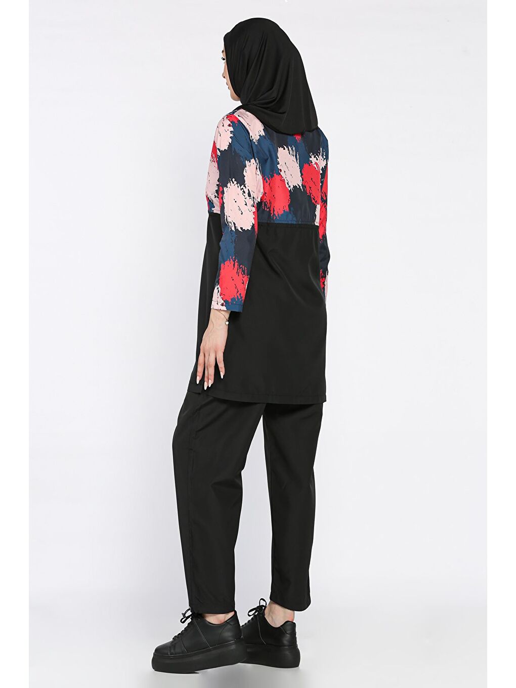 Siyah Kadın Tam Kapalı Paraşüt Kumaş Büstiyer Tunik Bone Pantolon 4'lü Tesettür Mayo-5