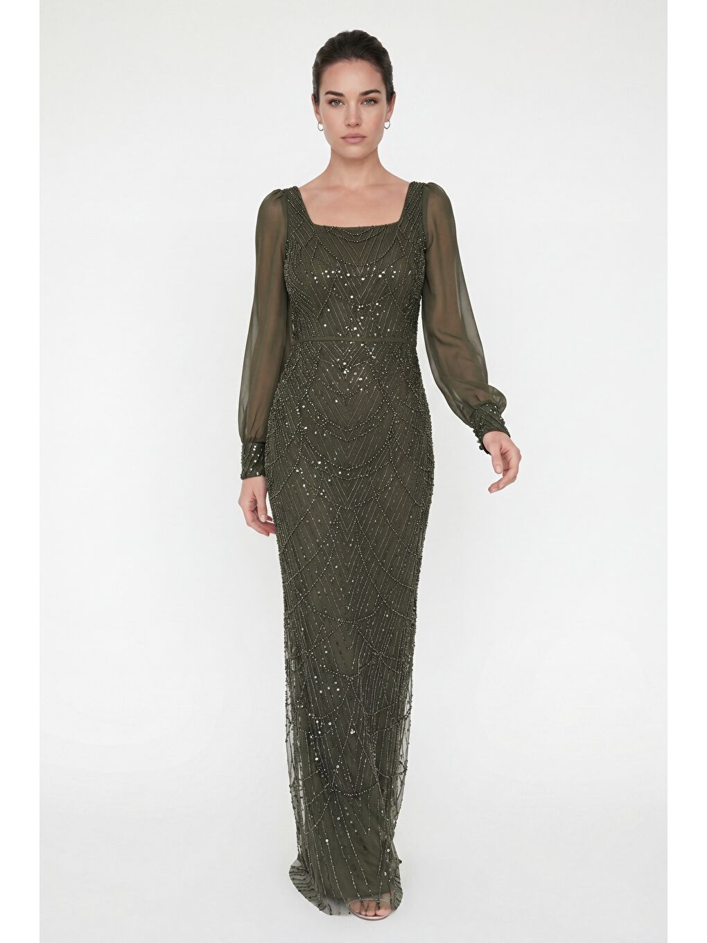 Kadın Haki Kare Yaka Uzun Kollu Boncuklu Abiye Elbise