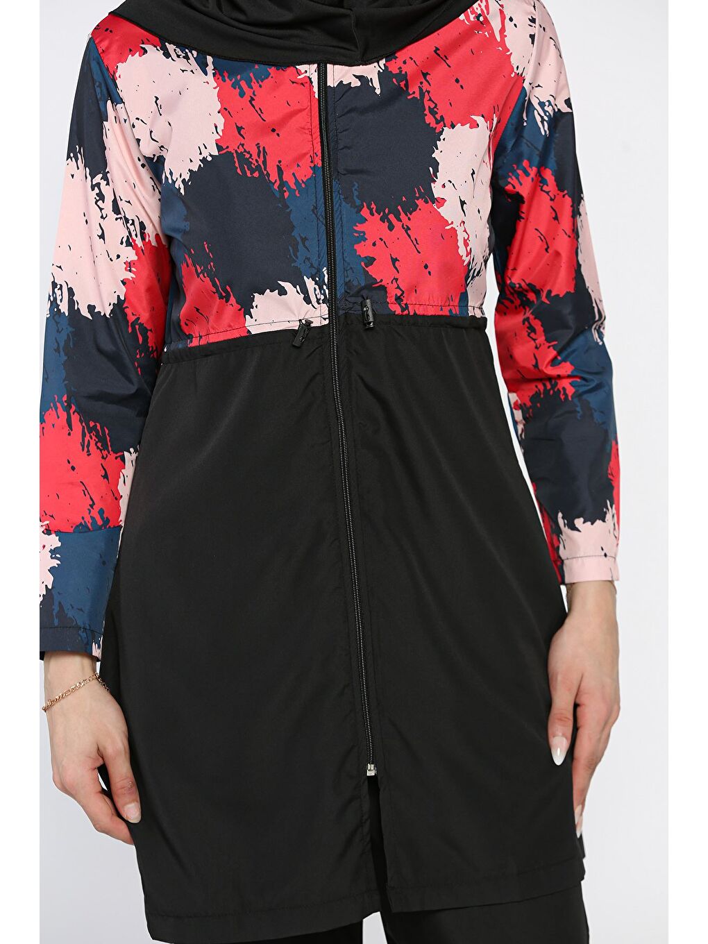 Siyah Kadın Tam Kapalı Paraşüt Kumaş Büstiyer Tunik Bone Pantolon 4'lü Tesettür Mayo-6