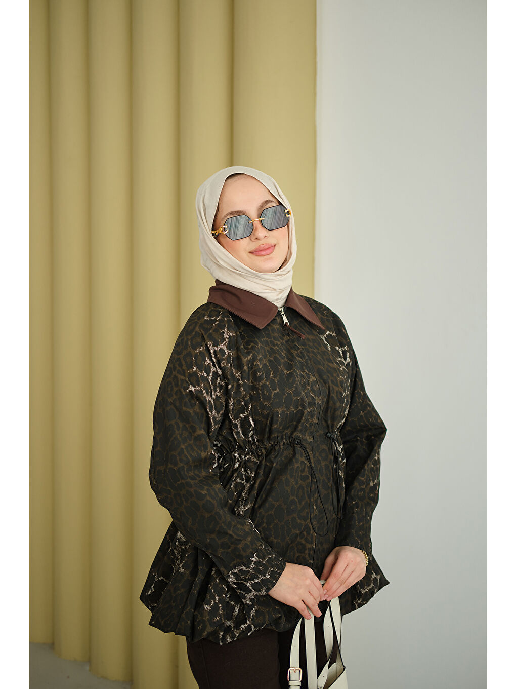 Kadın Leopar Desenli Fermualı Trenç Kahverengi-4