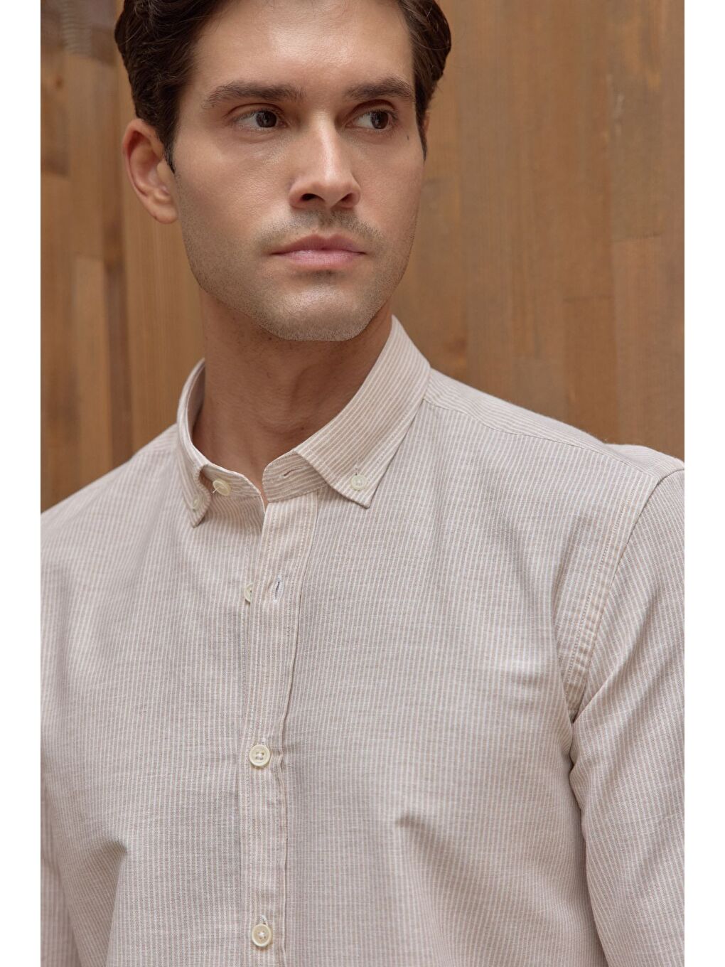 Bej Kure Erkek Gömlek Modern Slim Fit Keten Görünümlü İnce ve Çizgili Doku-7