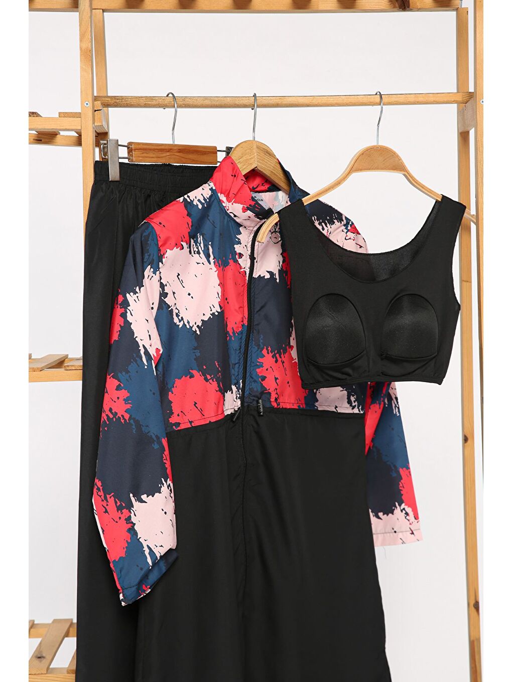 Siyah Kadın Tam Kapalı Paraşüt Kumaş Büstiyer Tunik Bone Pantolon 4'lü Tesettür Mayo-9