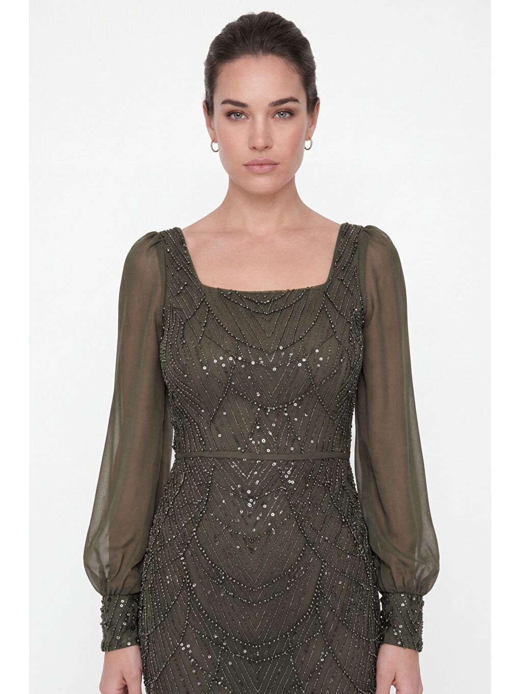 Kadın Haki Kare Yaka Uzun Kollu Boncuklu Abiye Elbise-2