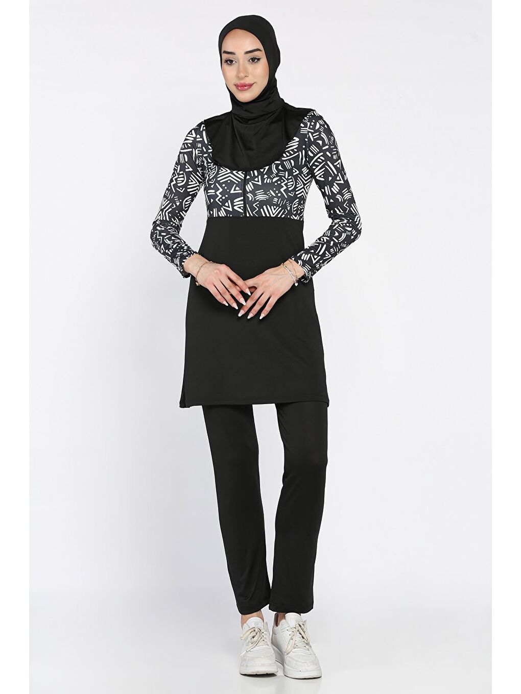 Siyah Kadın Desenli Tam Kapalı Tunik Büstiyer Pantolon Bone 4'lü Tesettür Mayo-1