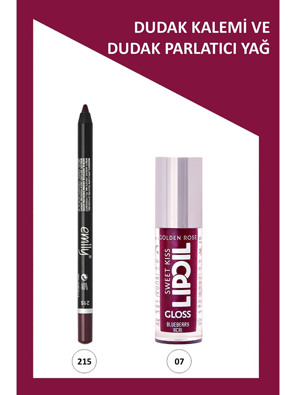 Sweet Kiss Meyveli Dudak Parlatıcısı No: 07 & Emily Dudak Kalemi No:215 Makyaj Seti