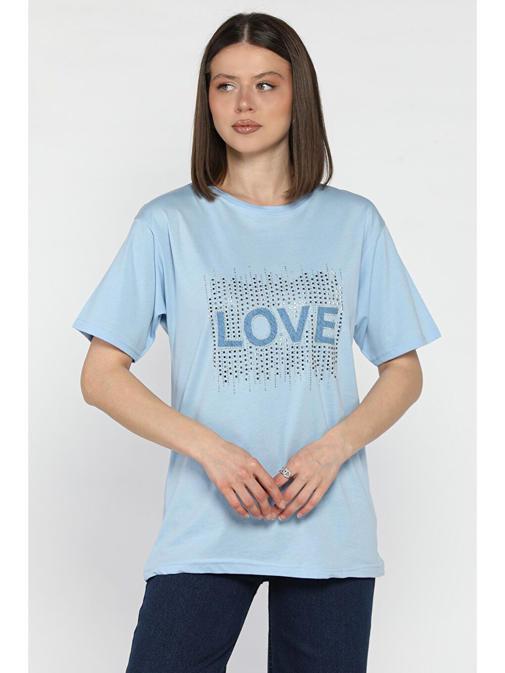 Mavi Love Taşlı Bisiklet Yaka Kadın Tişört-1